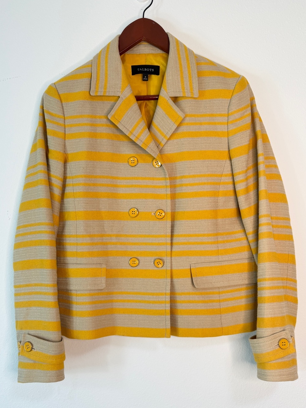 Talbots Double Breasted Yellow Striped Blazer Womens 8 Cotton Linen Blend Preppy